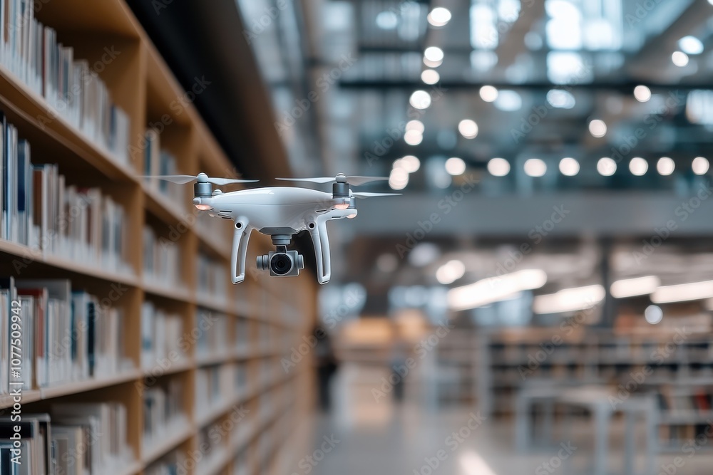 A drone equipped with a camera navigates the bright and expansive aisles of a library, showcasing the intersection of technology with traditional literary spaces. A drone equipped with a camera navigates the bright and expansive aisles of a library, showcasing the intersection of technology with traditional literary spaces.