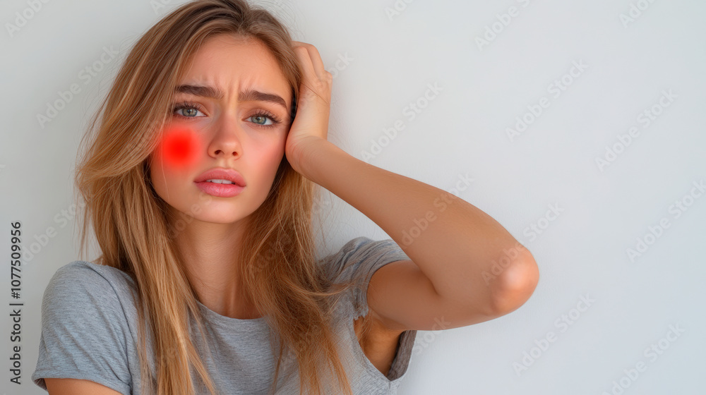 A young woman is visibly distressed due to an allergic reaction, showing redness on her face while holding her head in a dermatology clinic environment A young woman is visibly distressed due to an allergic reaction, showing redness on her face while holding her head in a dermatology clinic environment