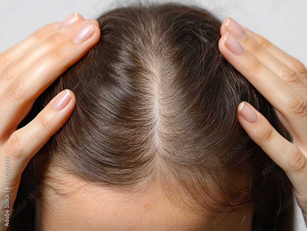 Fototapeta premium A woman examines her thinning hair closely, using her hands to part her hair and reveal the scalp. The setting suggests a personal, intimate moment focused on hair health