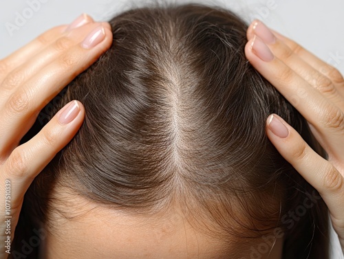 A woman examines her thinning hair closely, using her hands to part her hair and reveal the scalp. The setting suggests a personal, intimate moment focused on hair health
