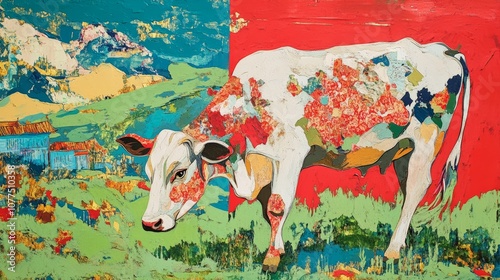 Colorful cow grazing in a vibrant landscape painting
