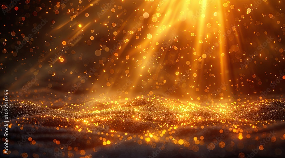 Naklejka premium Golden light beams shining through shimmering particles, creating a dramatic and magical background.