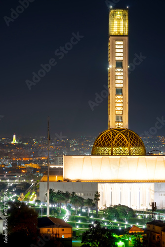 The great mosque of Algiers Djamaa El Djazair and the Martyr's Memorial monument  by twilight. Aerial view from Les Dunes Lavigerie, Mohammadia.  buildings enlightened by night.