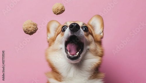 Adorable Welsh Corgi Pembroke Dog Catching A Treat On A Pink Background, Ready For A Delicious Lunch. Cute Pet Day Fun. photo