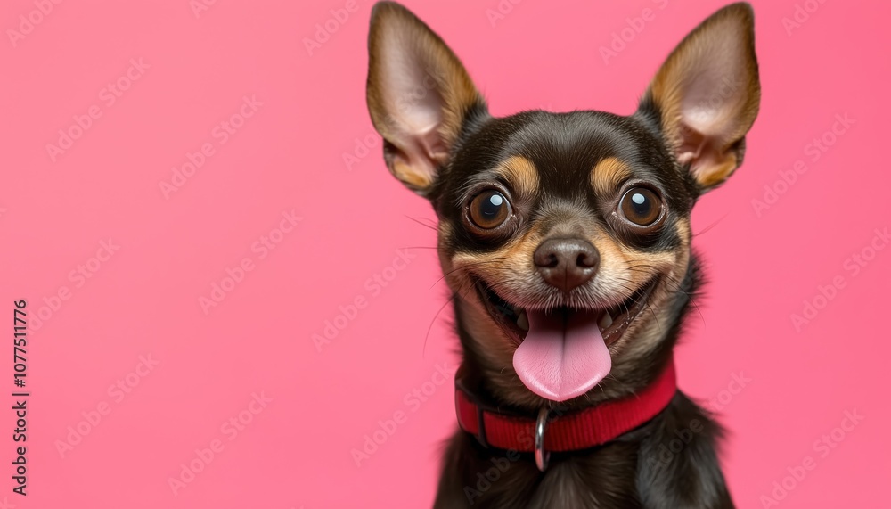 Adorable Brown Chihuahua Dog From Mexico Sticking Out Tongue On Pink Background, Wearing A Red Collar, And Looking At Camera. Plenty Of Empty Space. Adorable Brown Chihuahua Dog From Mexico Sticking Out Tongue On Pink Background, Wearing A Red Collar, And Looking At Camera. Plenty Of Empty Space.