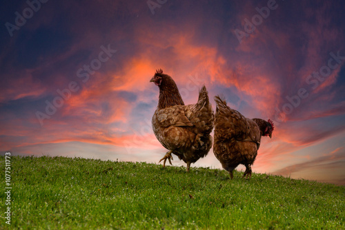 Morning has broken, two red hens enjoy foraging free range on grassy lawn in rural Shropshire as the sky behind creates a wonderful backdrop of glorious reds and blues.