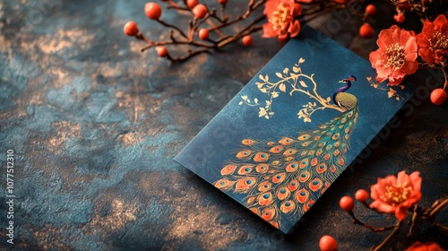 Indian wedding invitation on a table with peacock design  