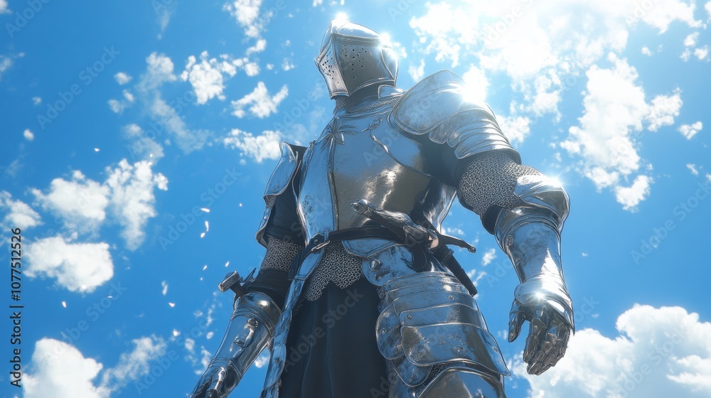 Medieval knight wearing shiny armor stands under blue sky Medieval knight wearing shiny armor stands under blue sky