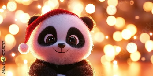 Adorable 3D animated cartoon panda, christmas background, copy space 
