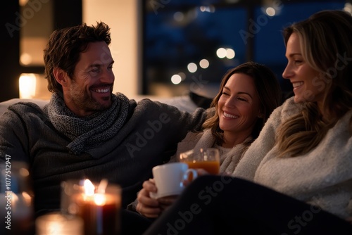 Three people enjoying a cozy evening indoors with warm drinks and candles, capturing a warm and friendly atmosphere of togetherness and relaxation. photo