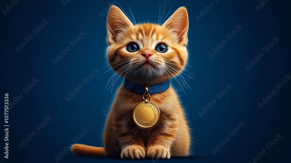 Obraz premium Ginger kitten wearing medal and blue ribbon on blue background