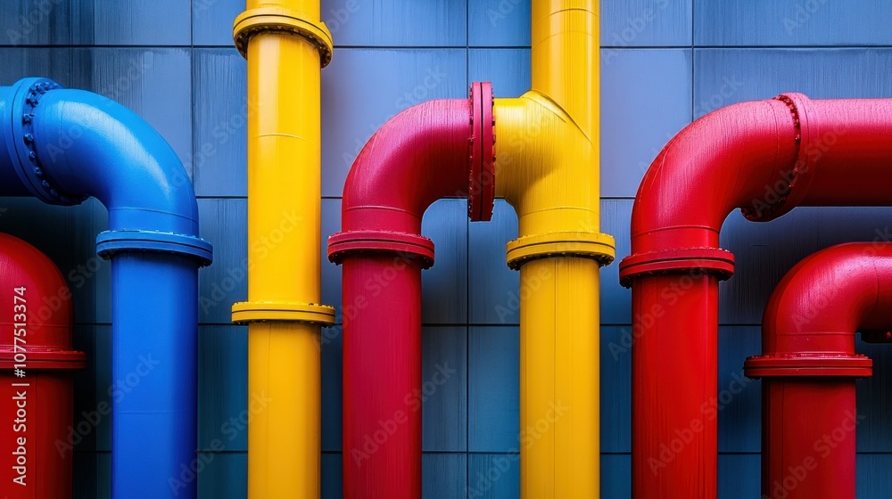 Colorful Industrial Pipes on a Blue Tile Wall Colorful Industrial Pipes on a Blue Tile Wall