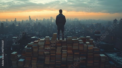 Man on a Pile of Books Looking Over City
