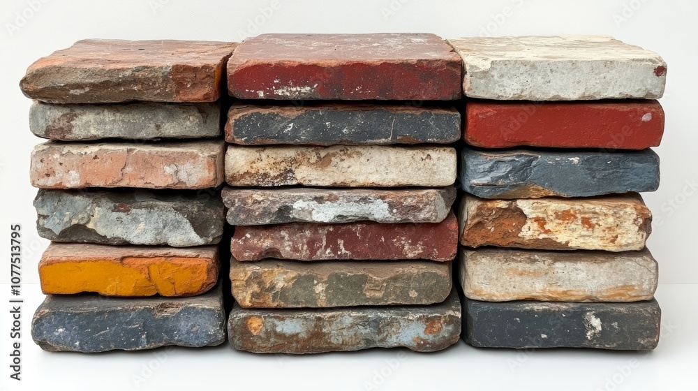 Colorful stack of reclaimed tiles showing weathering and age Colorful stack of reclaimed tiles showing weathering and age