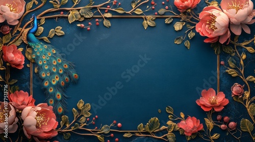 Indian wedding invitation on a table with peacock design  