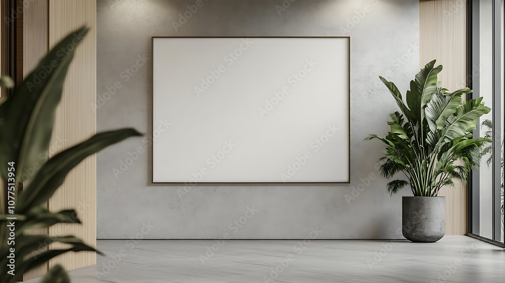 A minimalist interior featuring a blank canvas and potted plant against a concrete wall.