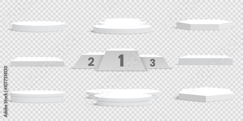 Set of white blank podiums on transparent background. Pedestals. Scene. Vector illustration.