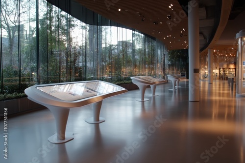 A series of curved digital display tables set in a modern gallery space, blending technology with architectural elegance against a backdrop of natural light and foliage. photo