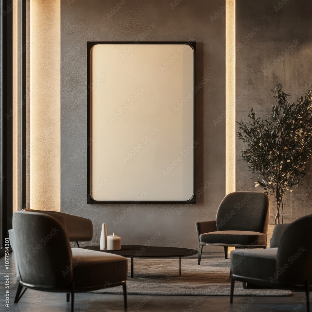 Empty frame mockup in a modern living room, framed by clean architectural lines Empty frame mockup in a modern living room, framed by clean architectural lines