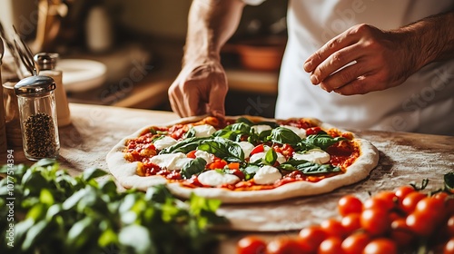 Rustic kitchen setting with a chef preparing a gourmet pizza topped with mozzarella basil and tomato sauce highlighting Italian cuisine homemade pizza recipes and culinary skills photo