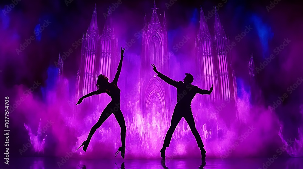 Silhouetted dancers against a vibrant, colorful backdrop with gothic architecture.