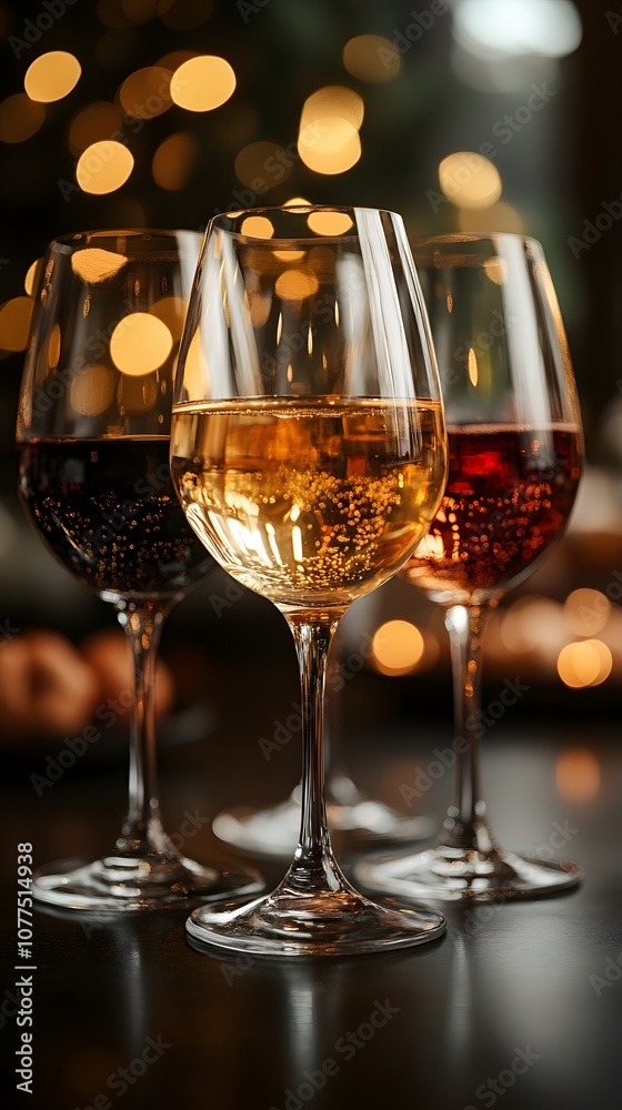 Three elegant wine glasses filled with red, white, and ros? wine against a blurred background. Three elegant wine glasses filled with red, white, and ros? wine against a blurred background.