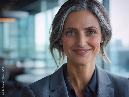 Close-up of a smiling woman in her 50s wearing casual clothing