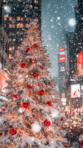 Snowy christmas tree illuminates city street at night