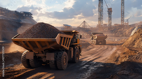 Heavy Transport Trucks Carrying Iron Ore on Industrial Dirt Path