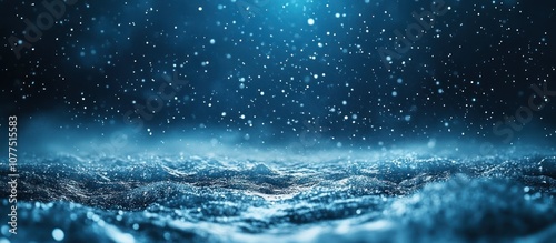 Abstract blue winter background with snowflakes falling on a frosty surface.