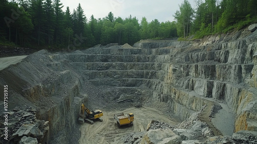 Rocky Quarry with Excavation Equipment and Rock Formations