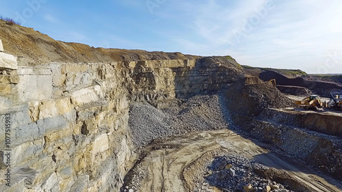 Rocky Quarry with Excavation Equipment and Rock Formations