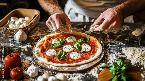 Rustic kitchen setting with a chef preparing a gourmet pizza topped with mozzarella basil and tomato sauce highlighting Italian cuisine homemade pizza recipes and culinary skills photo