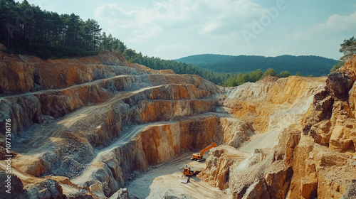 Rocky Quarry with Excavation Equipment and Rock Formations