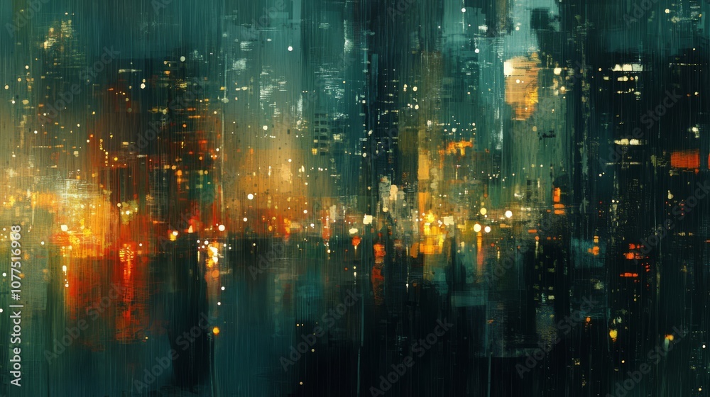 Fototapeta premium A digital painting of a futuristic cityscape at night, with rain falling and the lights of the city reflecting in the wet streets.