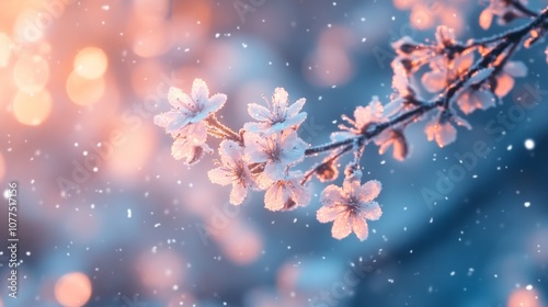 Snow-Covered Pink Flowers on a Branch Against a Blurry Background