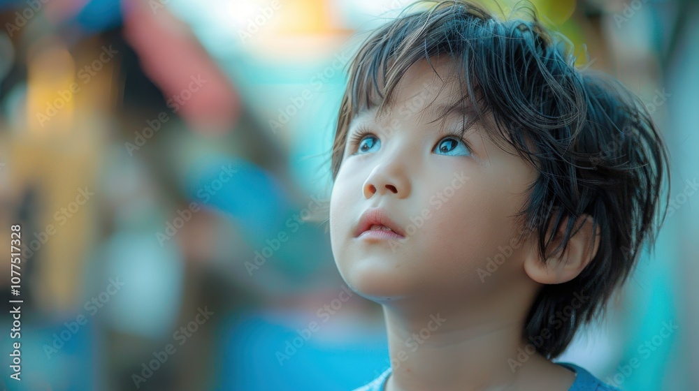 Obraz premium Amidst a vivid backdrop, an adorable Asian boy's shy demeanor captures his sweet innocence and gentle nature