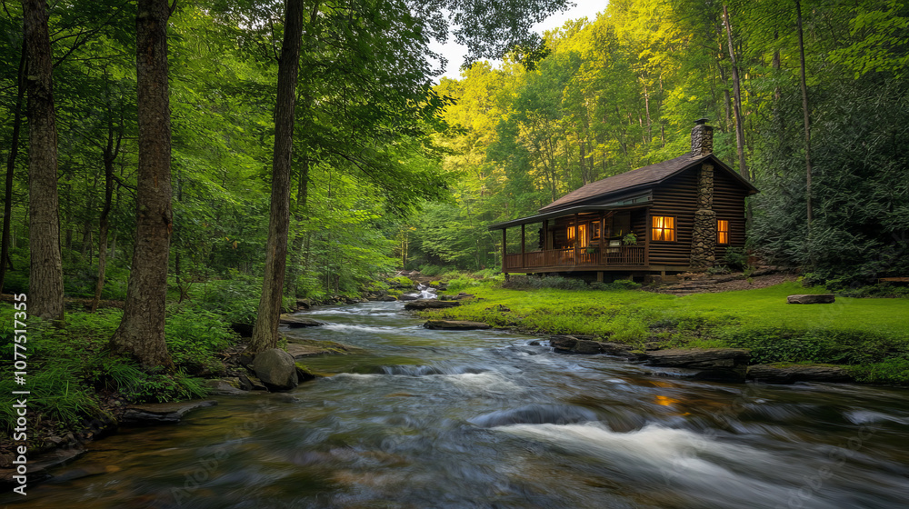 A cozy cabin nestled in the woods, right beside a flowing river. A cozy cabin nestled in the woods, right beside a flowing river.