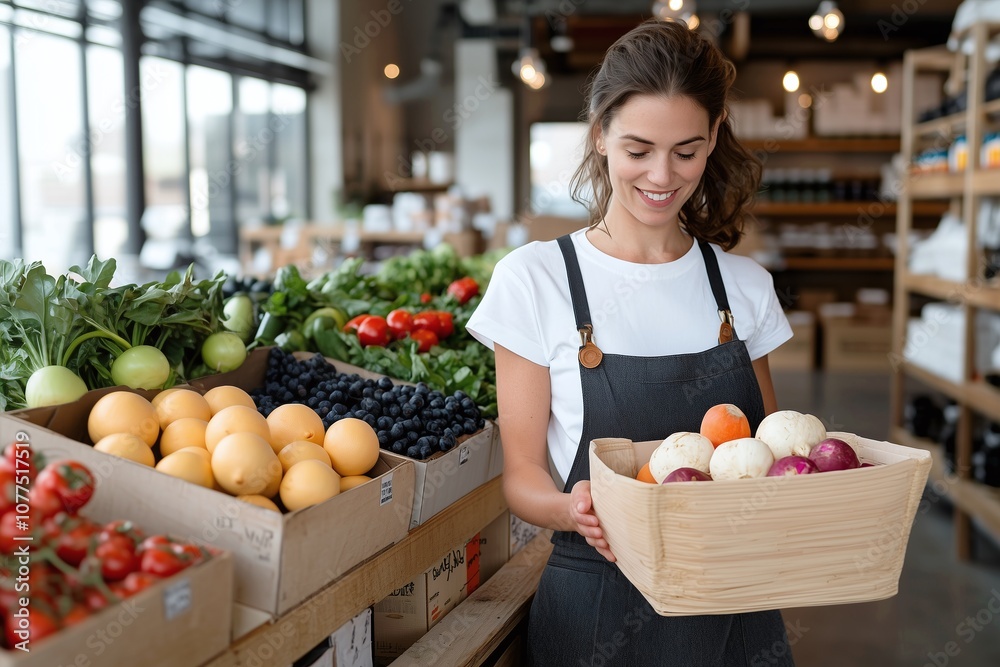 Obraz premium Woman Enjoys Fresh Fruits While Shopping at Market