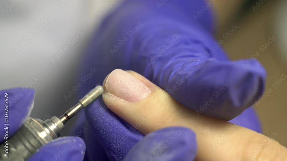 Manicure process, cleaning nails with a milling cutter close up