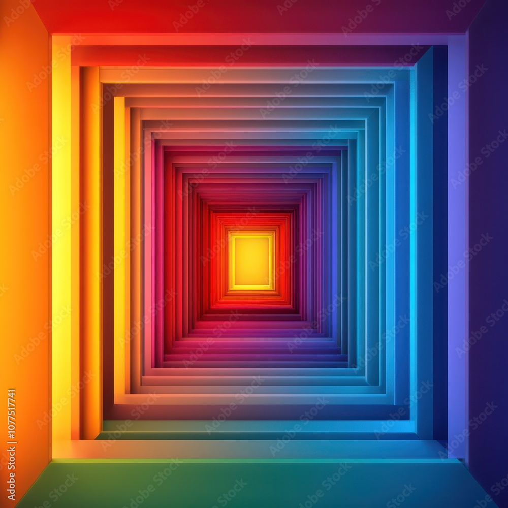 Abstract colorful square tunnel with a glowing center. Abstract colorful square tunnel with a glowing center.