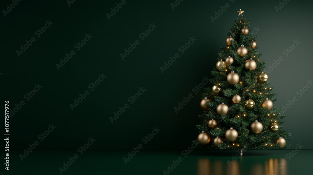 A close-up of a Christmas tree adorned with gold ornaments, set against a vibrant green wall. A close-up of a Christmas tree adorned with gold ornaments, set against a vibrant green wall.