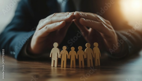 Businessman In Suit Protecting Human Rights With Wooden Toy People In Circle At Desk: Business Society Advocating For Safety.