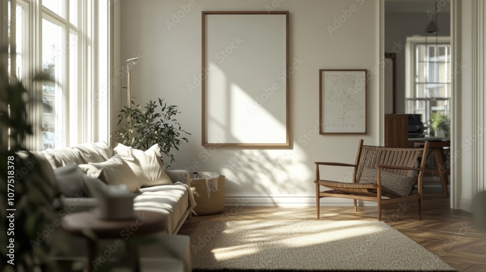 Fototapeta premium Scandinavian-style hipster interior featuring a mockup poster frame on the wall, neutral tones, modern furnishings, and natural wood accents, ultra-realistic 3D render.