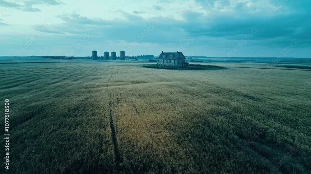 Fototapeta premium A Single House in a Field of Wheat with Silos in the Distance