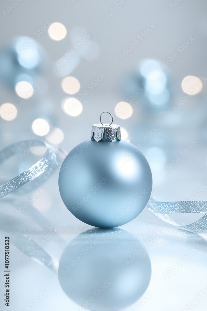 A shimmering blue Christmas ornament adorned with a delicate silver ribbon, capturing festive elegance and holiday spirit. A shimmering blue Christmas ornament adorned with a delicate silver ribbon, capturing festive elegance and holiday spirit.