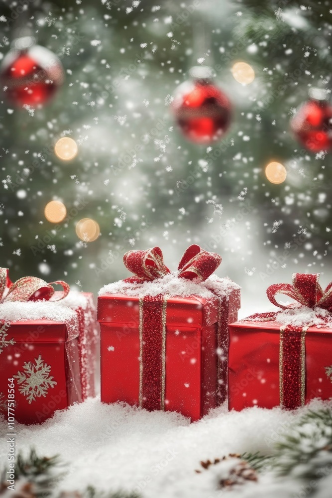 Three red gift boxes with bows nestled in the snow, creating a festive winter scene. Three red gift boxes with bows nestled in the snow, creating a festive winter scene.