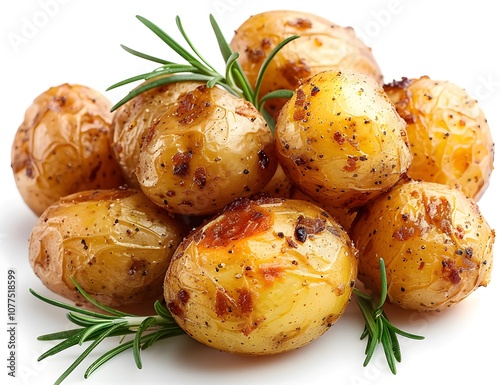 Crispy roasted baby potatoes seasoned with herbs and spices garnished with fresh rosemary isolated on white background, close-up of side dish