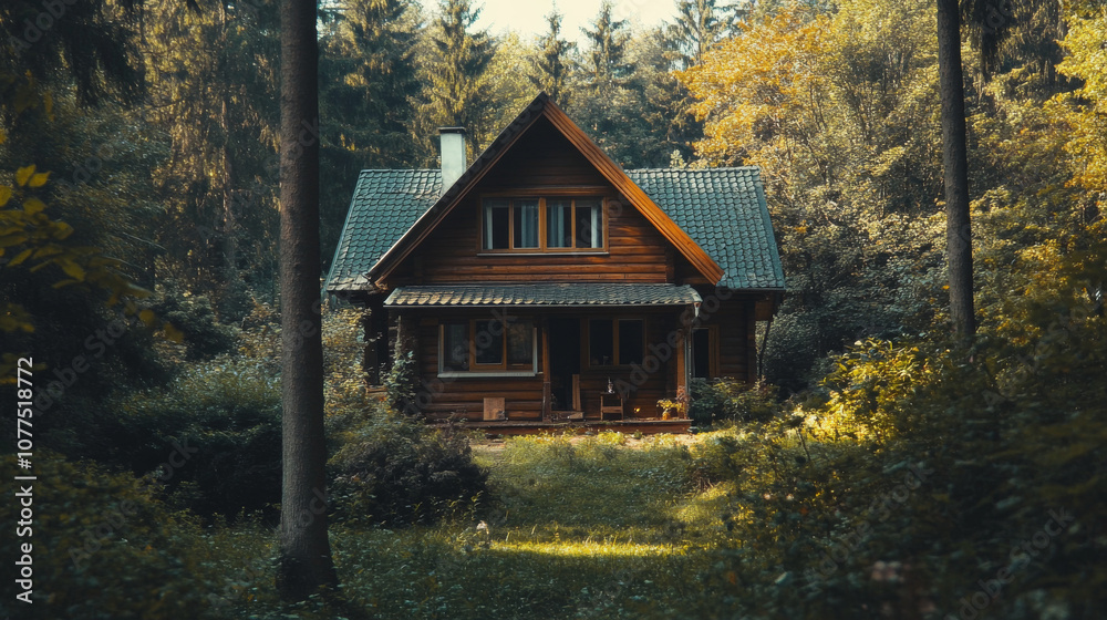A cozy wooden house nestled in the forest. A cozy wooden house nestled in the forest.