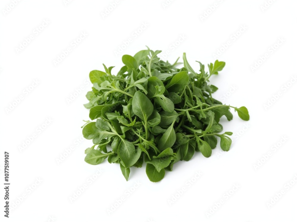 Freshly Isolated Peppery Arugula Leaves on White Background Freshly Isolated Peppery Arugula Leaves on White Background